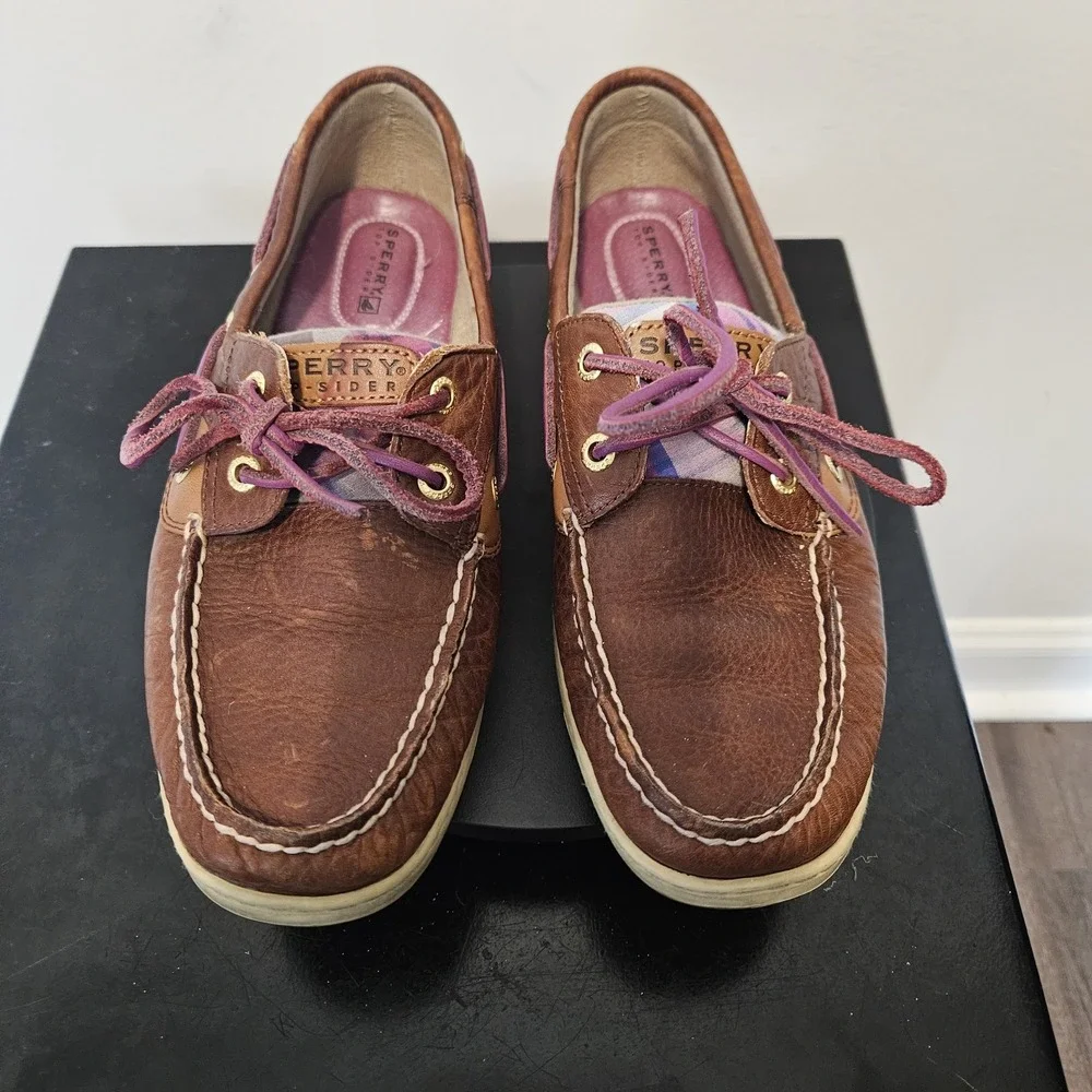 Sperry Top-Sider Brown/Pink Plaid Bluefish Leather Boat Shoe Womens - Size 8M